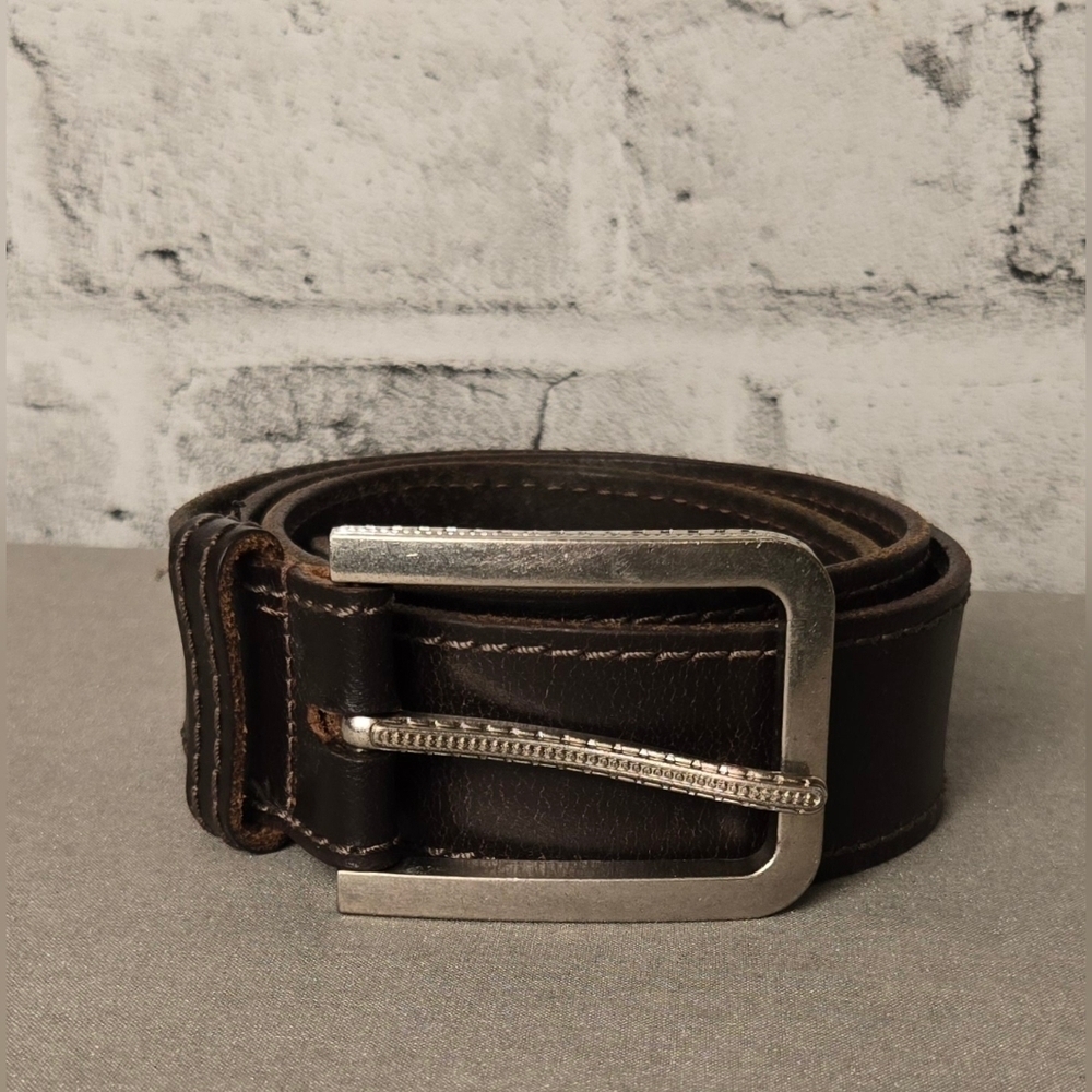 Men’s Brown Genuine Leather Belt Silver Buckle Classic Size 36